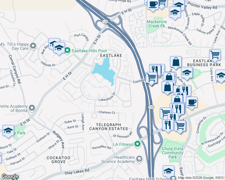 map of restaurants, bars, coffee shops, grocery stores, and more near 795 Lakeshore Drive in Chula Vista
