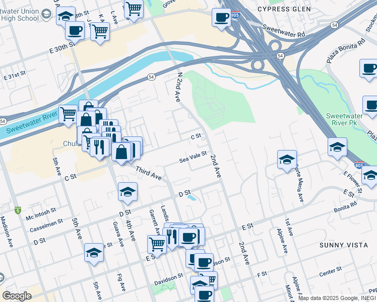 map of restaurants, bars, coffee shops, grocery stores, and more near 24 2nd Avenue in Chula Vista