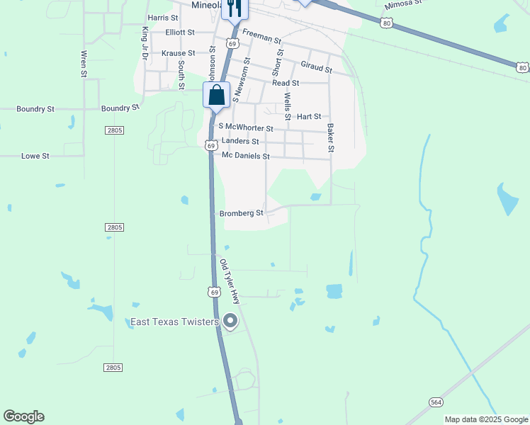 map of restaurants, bars, coffee shops, grocery stores, and more near 1341 Bromberg Street in Mineola