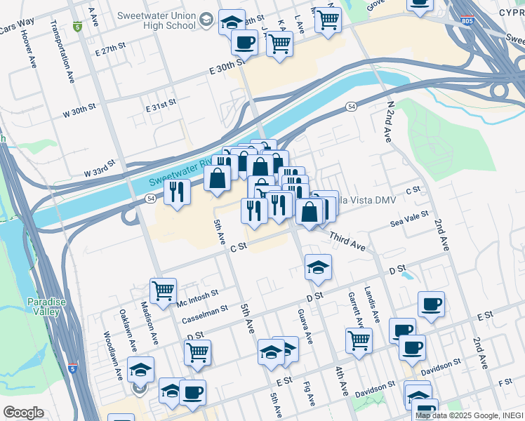 map of restaurants, bars, coffee shops, grocery stores, and more near 40 North 4th Avenue in Chula Vista