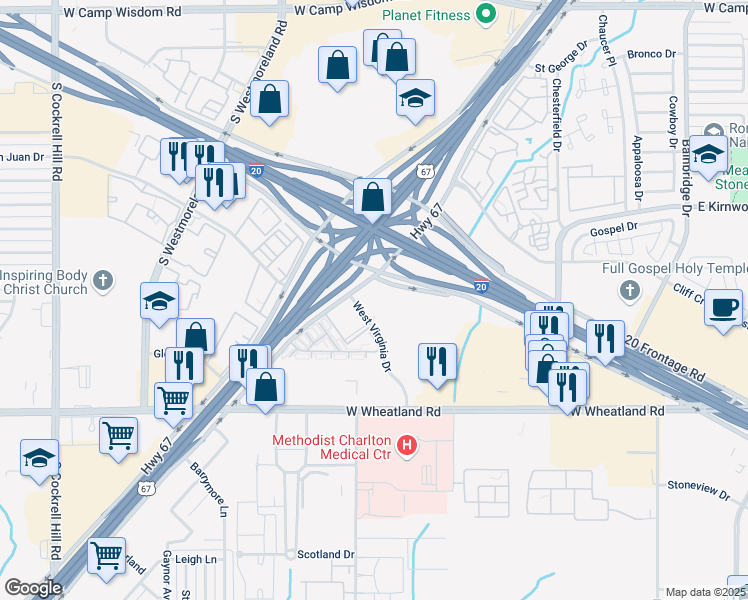 map of restaurants, bars, coffee shops, grocery stores, and more near 8057 West Virginia Drive in Dallas