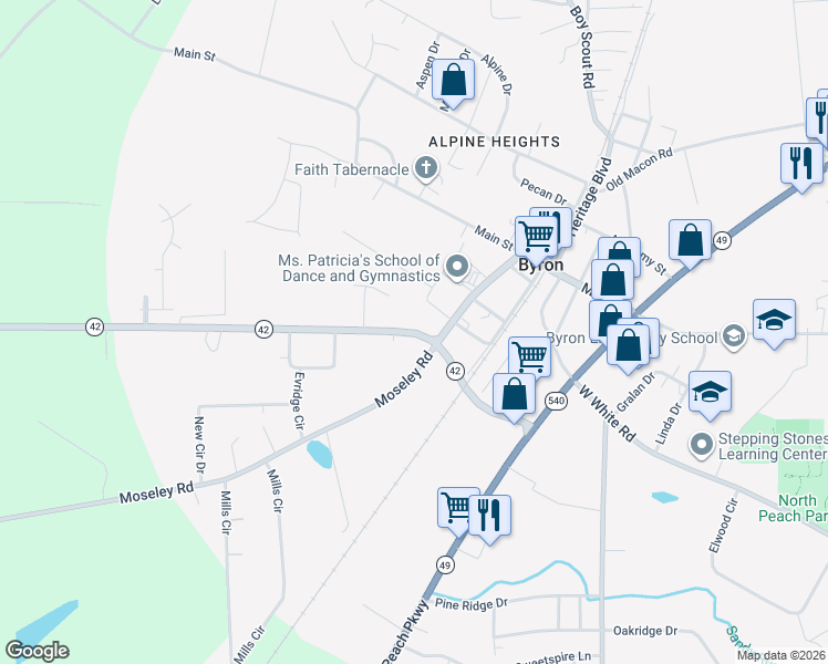 map of restaurants, bars, coffee shops, grocery stores, and more near 103 Williams Street in Byron