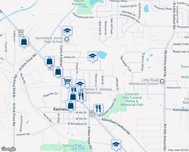 map of restaurants, bars, coffee shops, grocery stores, and more near 716 Crestview Drive in Kennedale