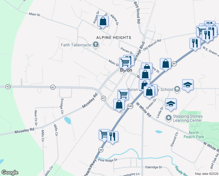 map of restaurants, bars, coffee shops, grocery stores, and more near 104 Jackson Street in Byron