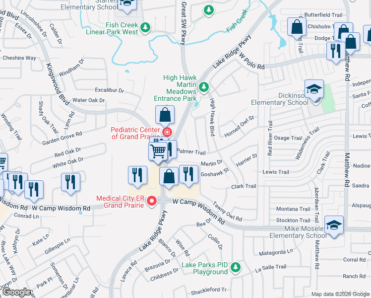 map of restaurants, bars, coffee shops, grocery stores, and more near 4939 Eyrie Court in Grand Prairie
