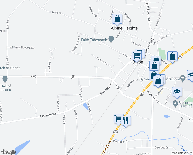 map of restaurants, bars, coffee shops, grocery stores, and more near 108 Georgia 42 in Byron