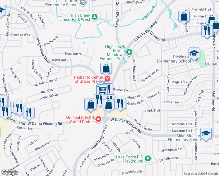 map of restaurants, bars, coffee shops, grocery stores, and more near 4939 Eyrie Court in Grand Prairie