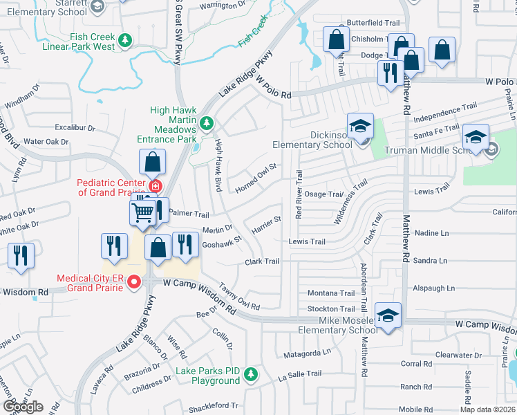 map of restaurants, bars, coffee shops, grocery stores, and more near 2228 Sparrow Hawk Court in Grand Prairie