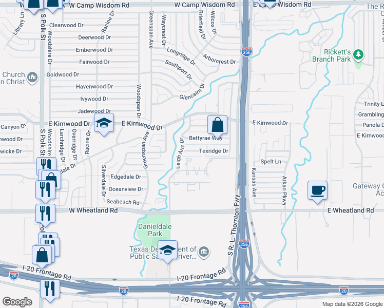 map of restaurants, bars, coffee shops, grocery stores, and more near 8051 Texridge Drive in Dallas