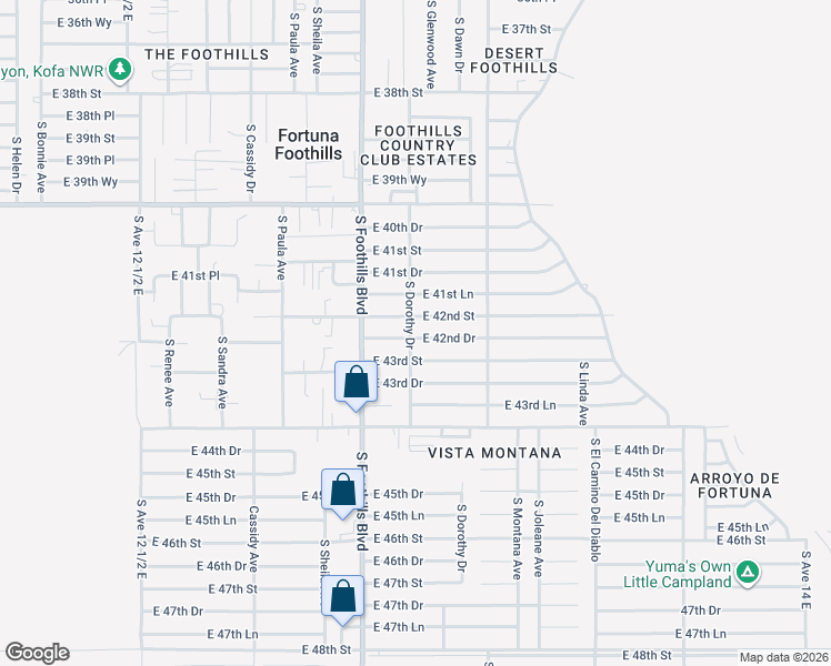 map of restaurants, bars, coffee shops, grocery stores, and more near 12322 South Dorothy Drive in Yuma