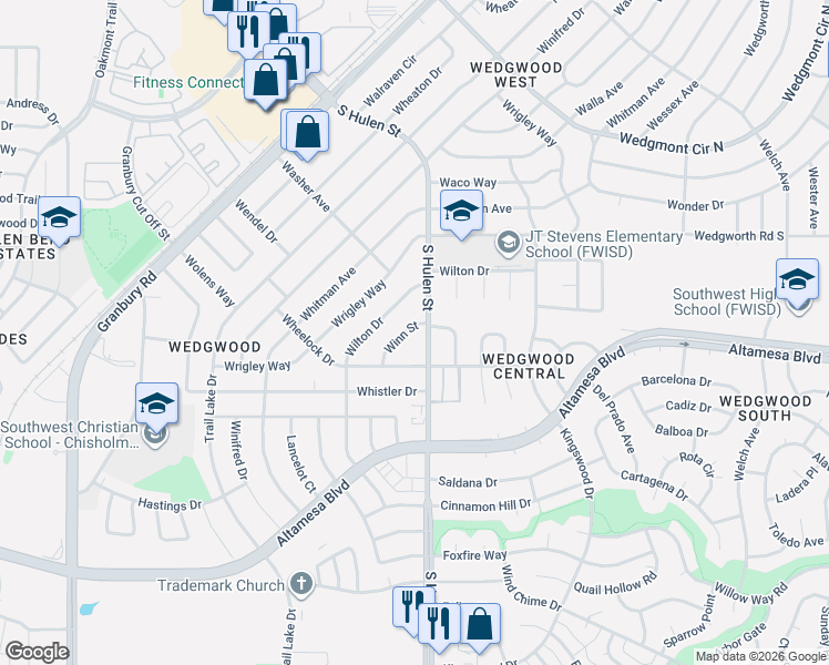 map of restaurants, bars, coffee shops, grocery stores, and more near 6404 Winn Street in Fort Worth