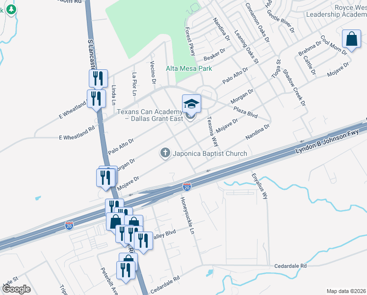 map of restaurants, bars, coffee shops, grocery stores, and more near 2805 Mojave Drive in Dallas