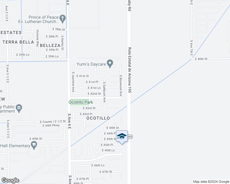 map of restaurants, bars, coffee shops, grocery stores, and more near 6356 East 42nd Street in Yuma
