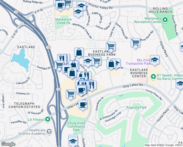 map of restaurants, bars, coffee shops, grocery stores, and more near 881 Kuhn Drive in Chula Vista