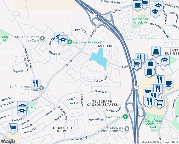 map of restaurants, bars, coffee shops, grocery stores, and more near 730 Brookstone Road in Chula Vista