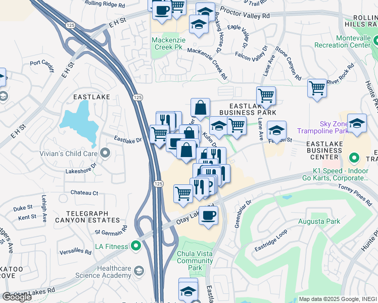 map of restaurants, bars, coffee shops, grocery stores, and more near 890 Eastlake Parkway in Chula Vista