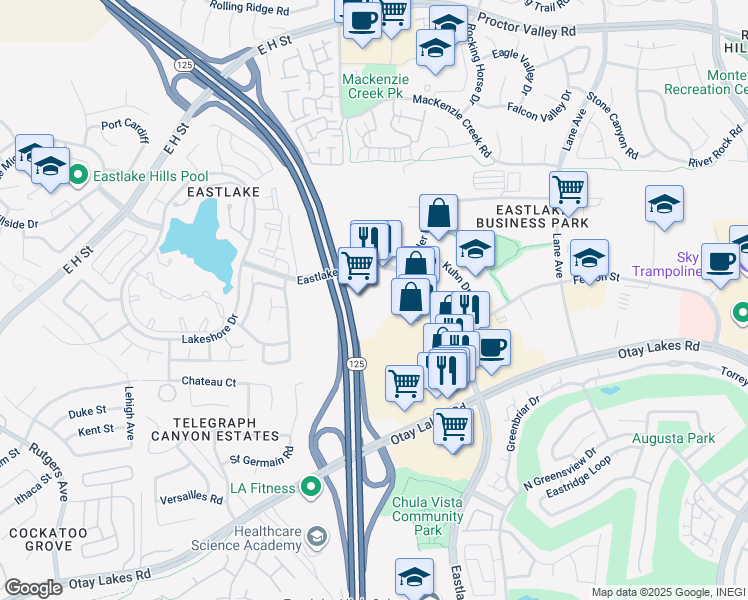 map of restaurants, bars, coffee shops, grocery stores, and more near 866-78 Eastlake Parkway in Chula Vista