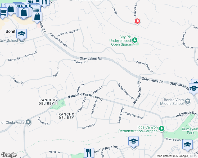 map of restaurants, bars, coffee shops, grocery stores, and more near 1085 Acero Street in Chula Vista