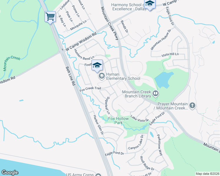 map of restaurants, bars, coffee shops, grocery stores, and more near 5915 Fox Point Trail in Dallas