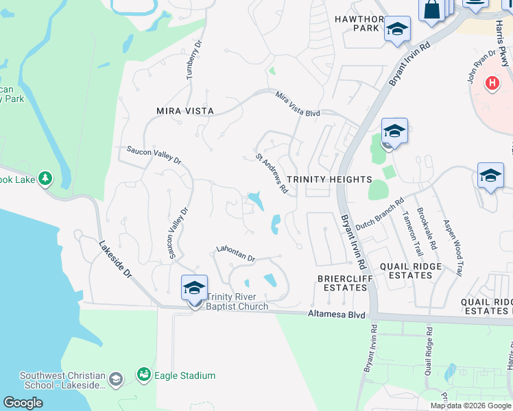 map of restaurants, bars, coffee shops, grocery stores, and more near 6600 Oak Hill Court in Fort Worth