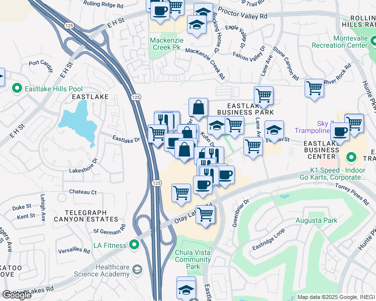 map of restaurants, bars, coffee shops, grocery stores, and more near 890 Eastlake Parkway in Chula Vista