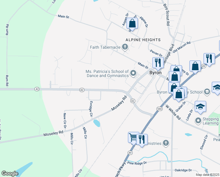map of restaurants, bars, coffee shops, grocery stores, and more near 108 State Route 42 in Byron