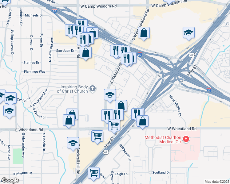 map of restaurants, bars, coffee shops, grocery stores, and more near 7676 South Westmoreland Road in Dallas