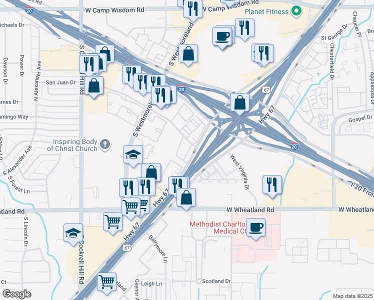 map of restaurants, bars, coffee shops, grocery stores, and more near 7905 Marvin D. Love Freeway in Dallas