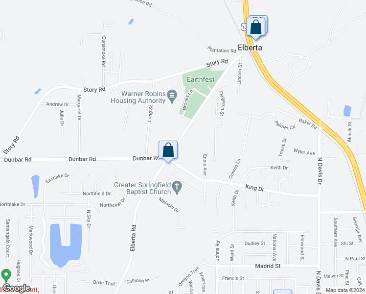 map of restaurants, bars, coffee shops, grocery stores, and more near 306 Elberta Road in Warner Robins