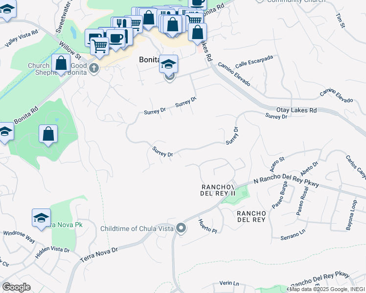 map of restaurants, bars, coffee shops, grocery stores, and more near 363 Surrey Drive in Bonita