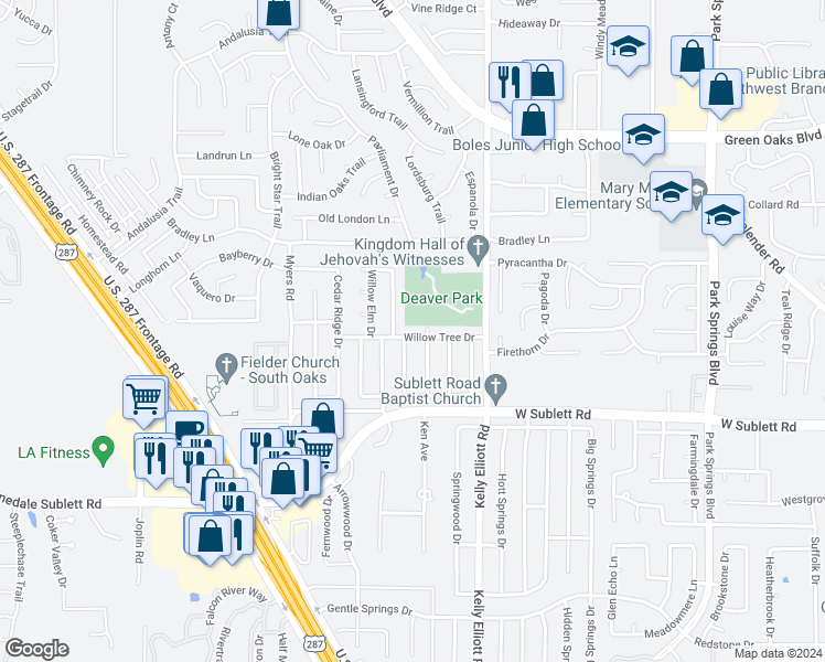 map of restaurants, bars, coffee shops, grocery stores, and more near 4405 Willow Tree Drive in Arlington
