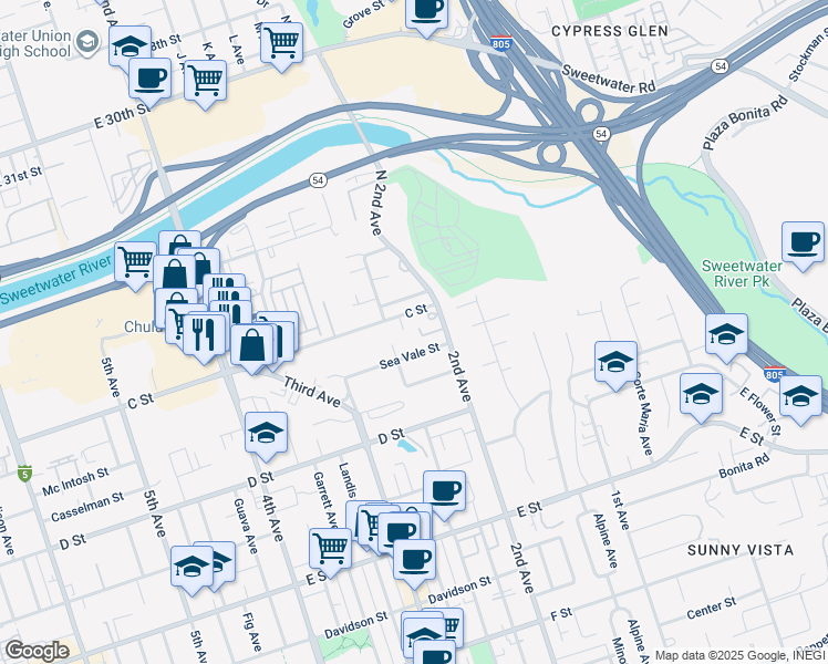 map of restaurants, bars, coffee shops, grocery stores, and more near 24 2nd Avenue in Chula Vista