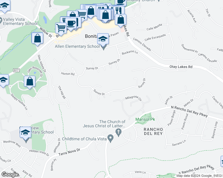 map of restaurants, bars, coffee shops, grocery stores, and more near 363 Surrey Drive in Bonita