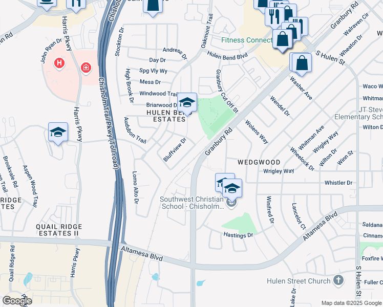 map of restaurants, bars, coffee shops, grocery stores, and more near 6711 Canyon Crest Drive in Fort Worth