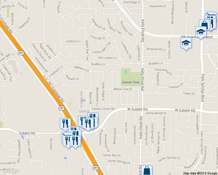 map of restaurants, bars, coffee shops, grocery stores, and more near 4603 Willow Tree Drive in Arlington