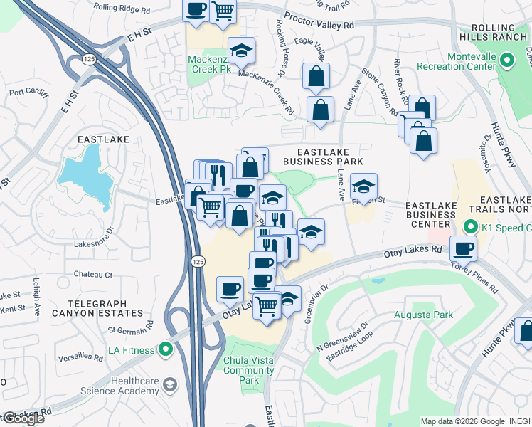 map of restaurants, bars, coffee shops, grocery stores, and more near 860 Kuhn Drive in Chula Vista