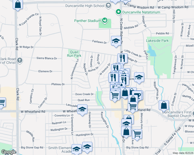 map of restaurants, bars, coffee shops, grocery stores, and more near 119 North Venice Drive in Duncanville