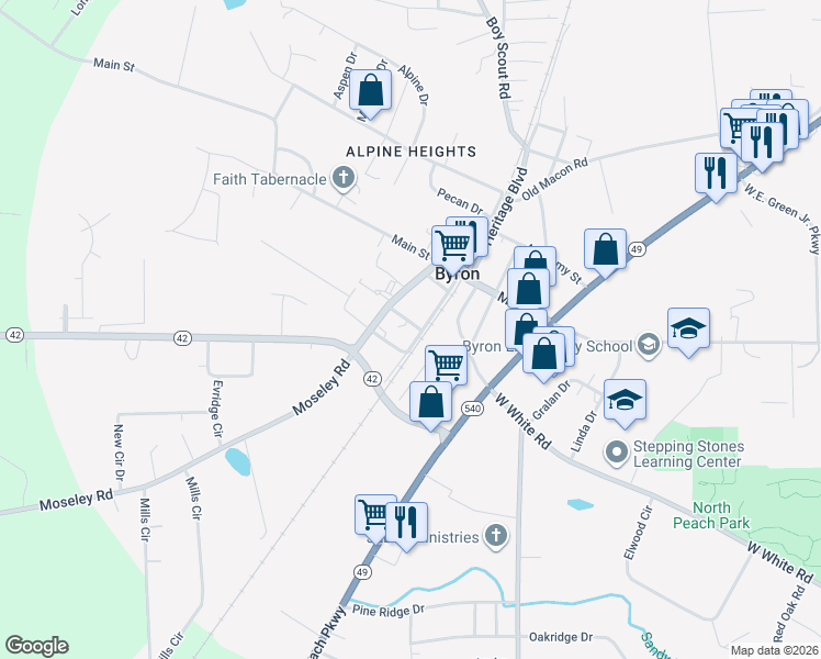 map of restaurants, bars, coffee shops, grocery stores, and more near 104 Jackson Street in Byron
