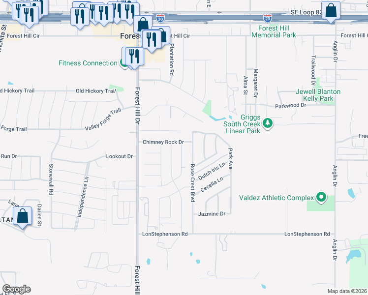 map of restaurants, bars, coffee shops, grocery stores, and more near 7305 Woodbridge Drive in Forest Hill
