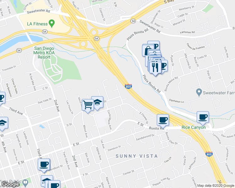 map of restaurants, bars, coffee shops, grocery stores, and more near 90 Hilltop Drive in Chula Vista