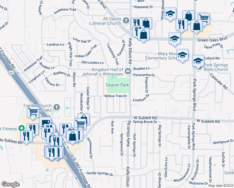 map of restaurants, bars, coffee shops, grocery stores, and more near 4317 Willow Tree Drive in Arlington