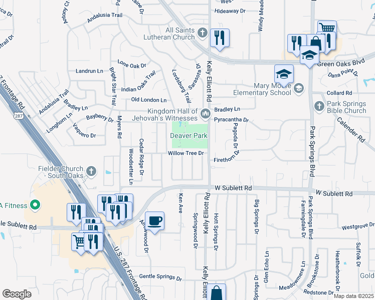 map of restaurants, bars, coffee shops, grocery stores, and more near 4317 Willow Tree Drive in Arlington
