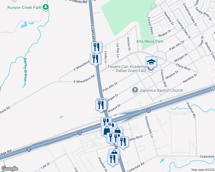 map of restaurants, bars, coffee shops, grocery stores, and more near 2533 Palo Alto Drive in Dallas