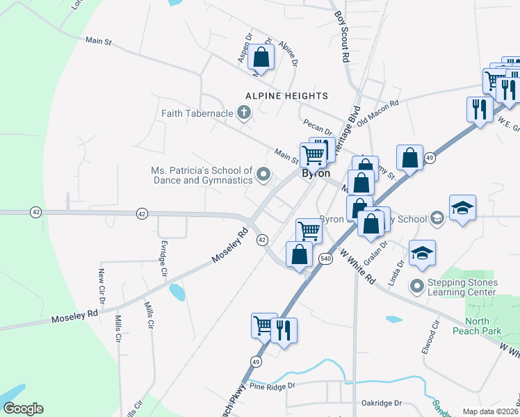 map of restaurants, bars, coffee shops, grocery stores, and more near 103 Williams Street in Byron