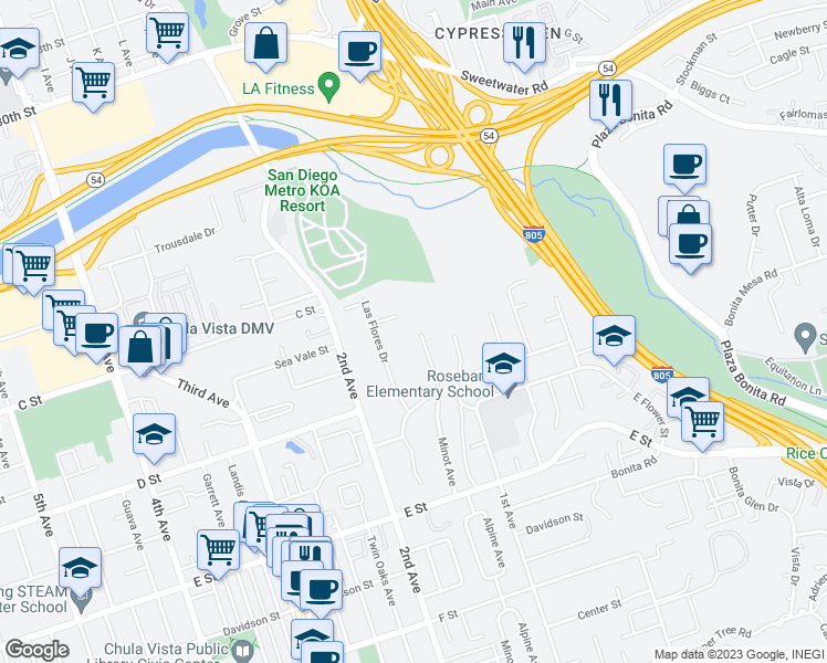 map of restaurants, bars, coffee shops, grocery stores, and more near 46 Minot Avenue in Chula Vista