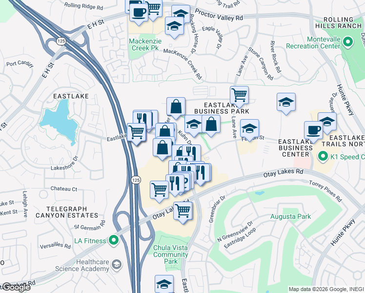 map of restaurants, bars, coffee shops, grocery stores, and more near 860 Kuhn Drive in Chula Vista