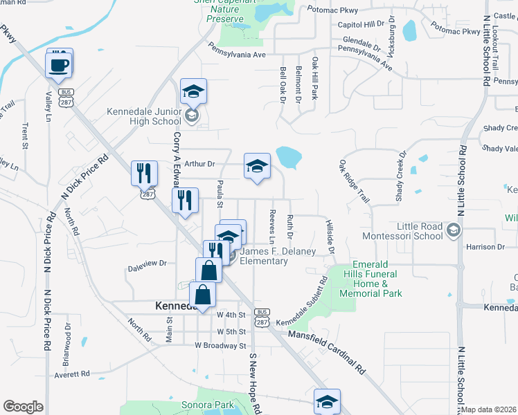map of restaurants, bars, coffee shops, grocery stores, and more near 716 Crestview Dr in Kennedale