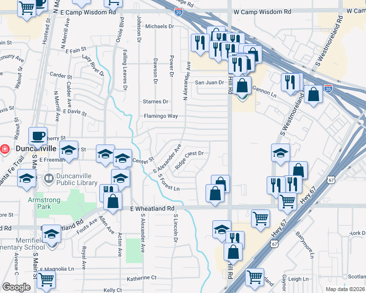 map of restaurants, bars, coffee shops, grocery stores, and more near 106 South Alexander Avenue in Duncanville