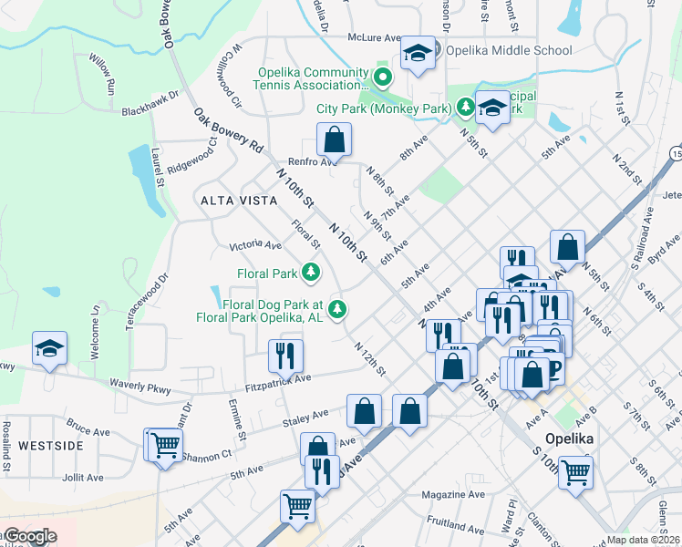 map of restaurants, bars, coffee shops, grocery stores, and more near 603 Floral Street in Opelika