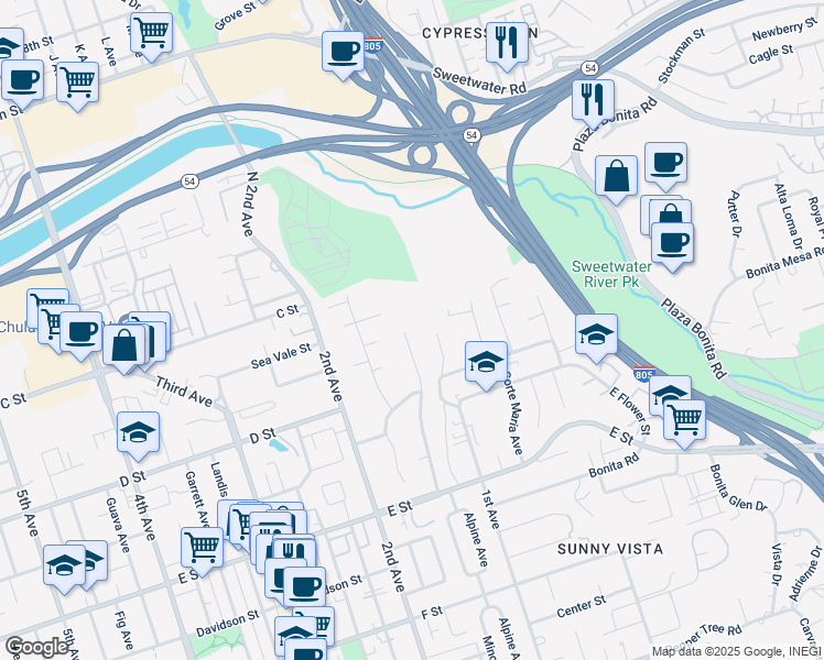 map of restaurants, bars, coffee shops, grocery stores, and more near 51 Minot Avenue in Chula Vista